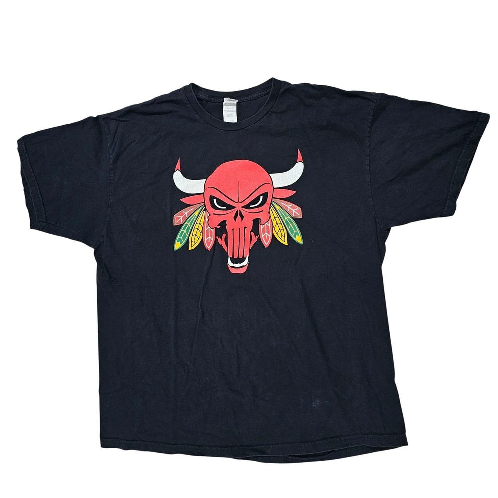 Chicago Bulls Blackhawks Punisher Cross mashup Graphic T-Shirt Black Men 2XL Vtg